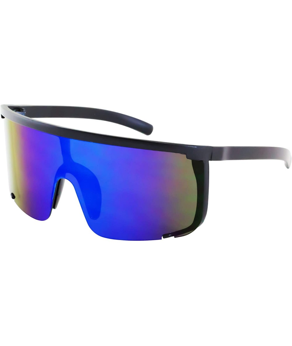 Goggle Unisex Oversized Super Shield Mirrored Lens Sunglasses Retro Flat Top Matte Black Frame - Black-blue - CS18WGRM03C $27.31