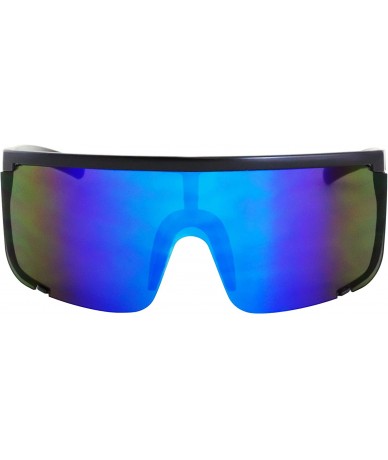 Goggle Unisex Oversized Super Shield Mirrored Lens Sunglasses Retro Flat Top Matte Black Frame - Black-blue - CS18WGRM03C $27.31