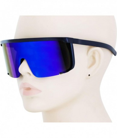 Goggle Unisex Oversized Super Shield Mirrored Lens Sunglasses Retro Flat Top Matte Black Frame - Black-blue - CS18WGRM03C $27.31