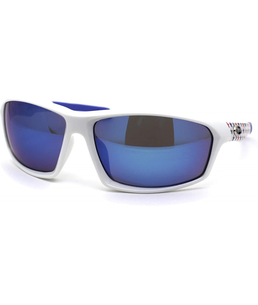 Sport Xloop American Patriotic Print Warp Around Sport Sunglasses - White Blue Blue Mirror - CR1966KM6TU $24.38