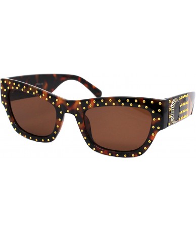 Rectangular Gold Studded Sunglasses Womens Chic Designer Style Rectangular Shades UV400 - Tortoise (Brown) - CW18XTYUI75 $21.29