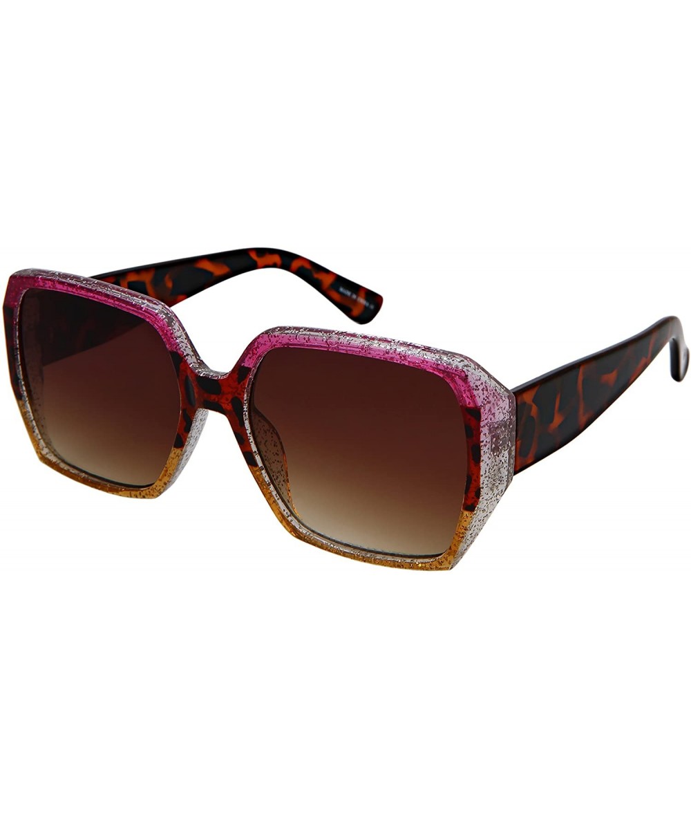 Oversized Square Women Sunglasses Multi Tinted Glitter Frame 34146GT-FLKGM - Pink-gold Frame/Brown Gradient Lens - C118G4N6AL...