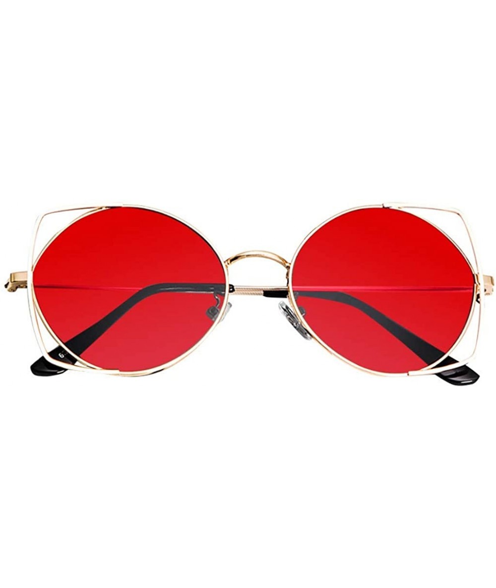 Semi-rimless Sunglasses for Women-Personality Hollow Cat Eye Mirrored Flat Lenses Metal Frame Sunglasses for Ladies - Red - C...