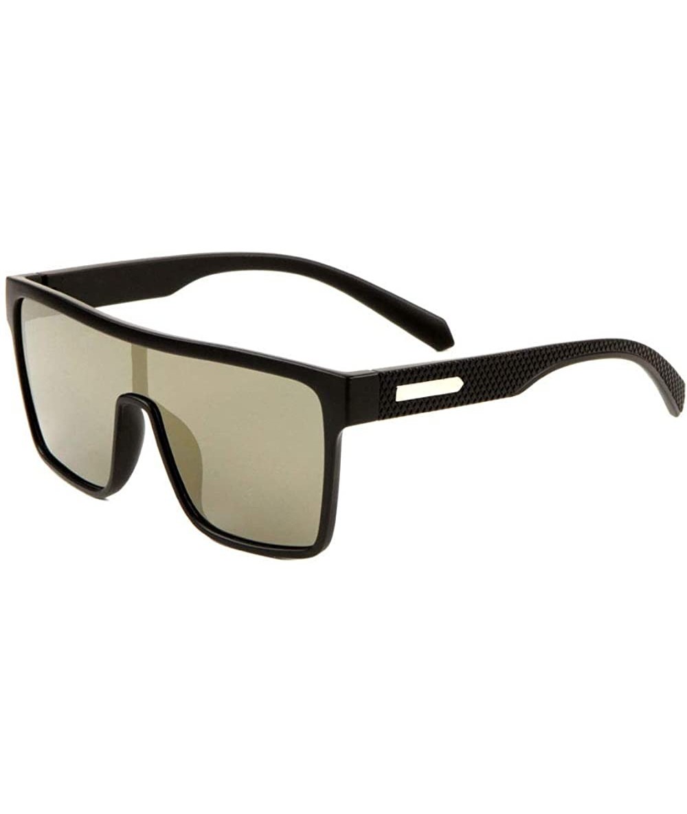 Shield Polarized Temple Diamond Texture Pattern One Piece Shield Rectangular Lens Sunglasses - Gold Black - C4190UZSMYA $33.88