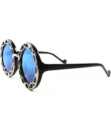 Round Sexy Designer Upscale Mirrored Lens Oversized Womens Sunglasses - Black & Silver - C5189AMYMY9 $23.96