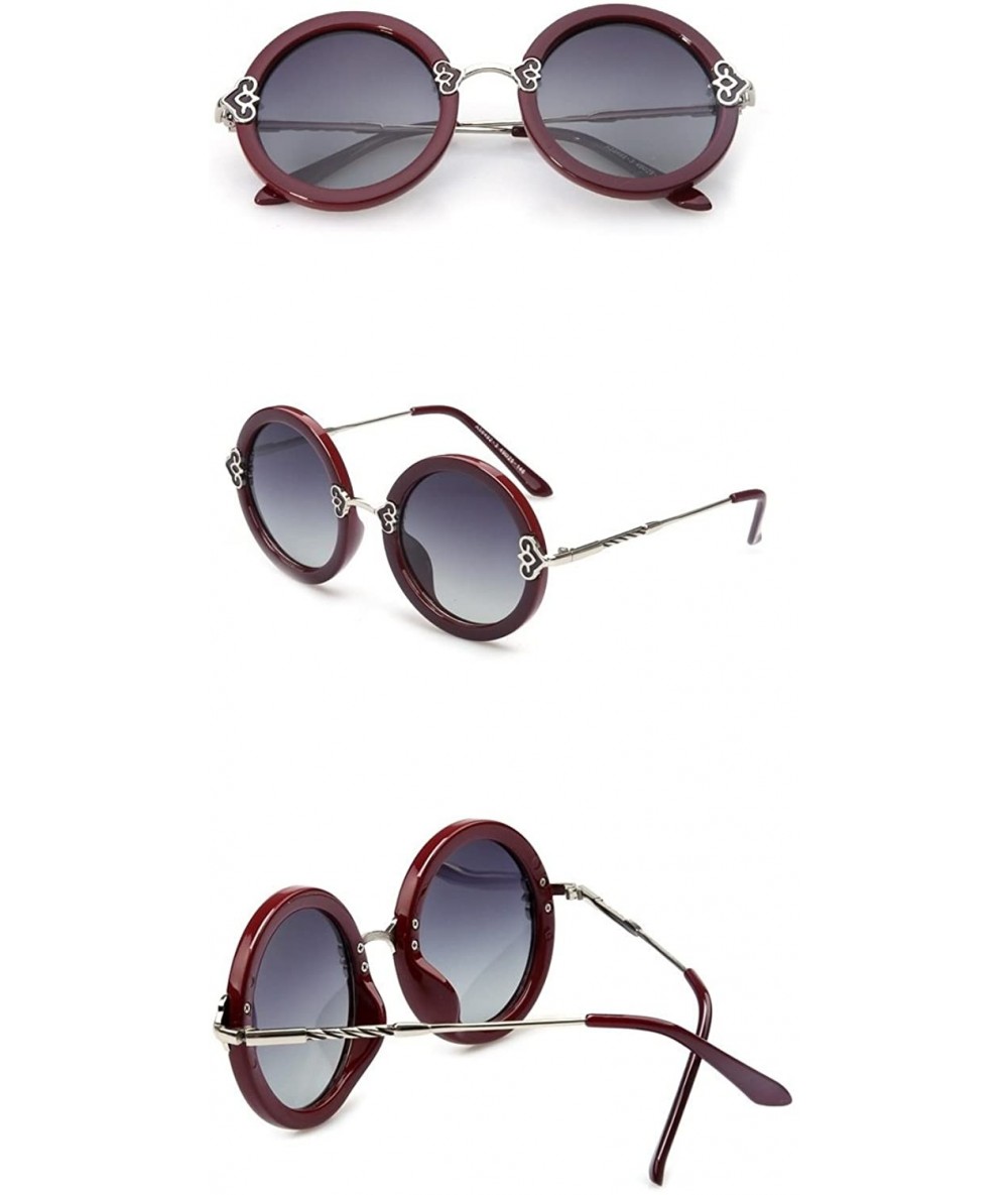 Round Women's Shell-effect Acetate Heart Detail Round Polarized Sunglasses - Wine - CD185WWQ2MR $50.86