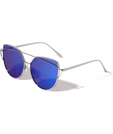 Cat Eye Flat Lens Color Mirror Crossed Curved Top Bar Cat Eye Sunglasses - Blue Silver - CT1908DC7CL $27.03