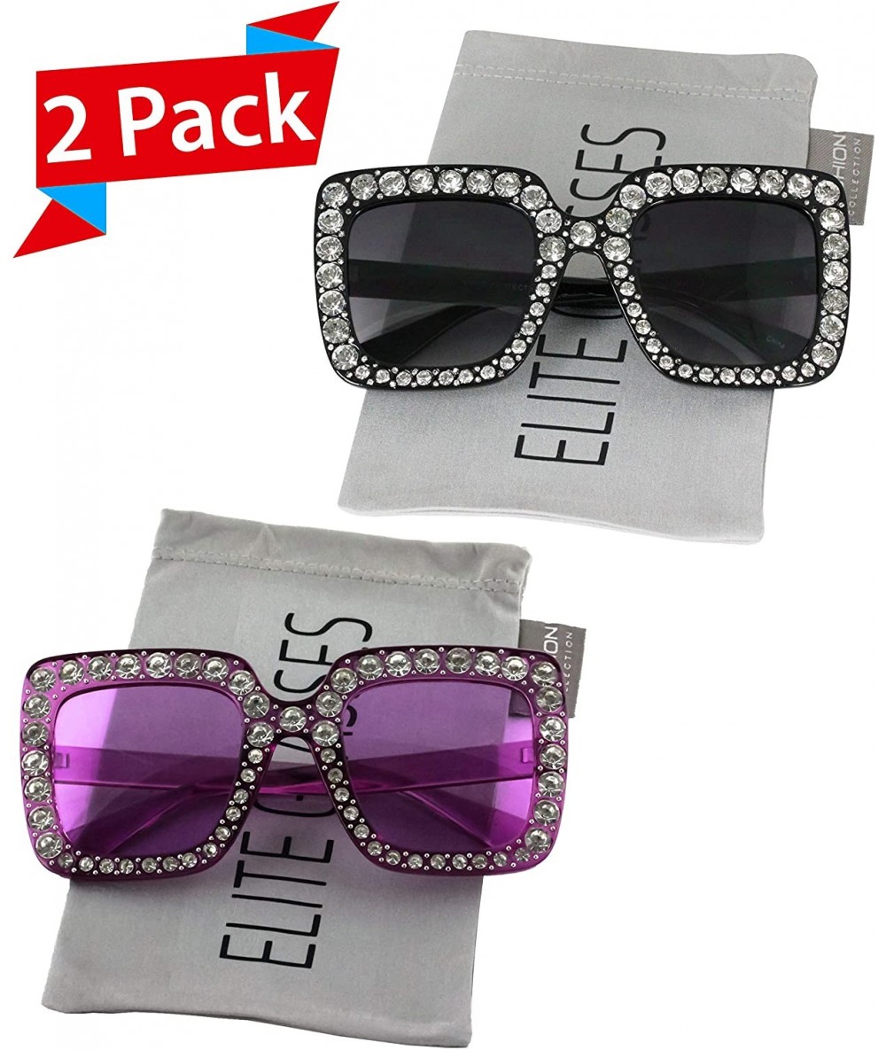 Oversized Oversized Square Frame Bling Rhinestone Crystal Brand Designer Sunglasses For Women 2018 - Black - Purple - CU18HXM...