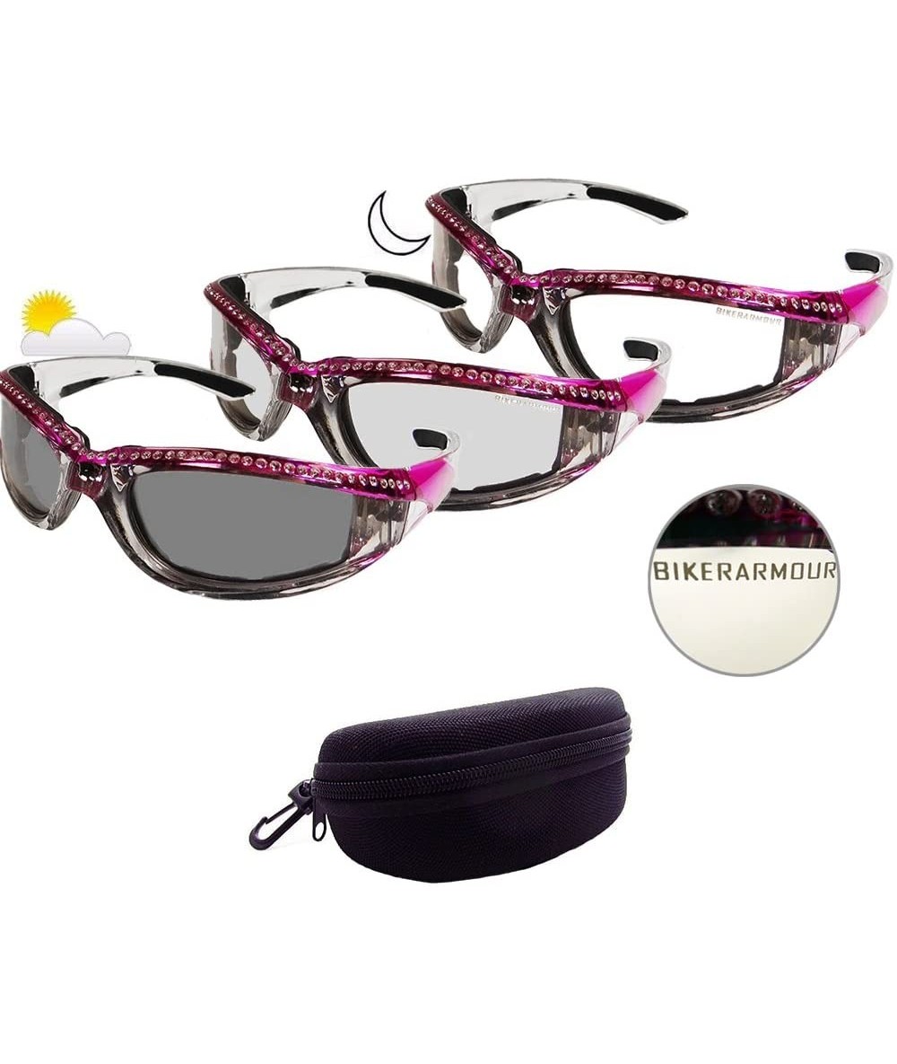 Goggle Motorcycle Day Night Transition Glasses for Women. Chrome and Pink frame with rhinestones - CB12EM1KOCX $80.66