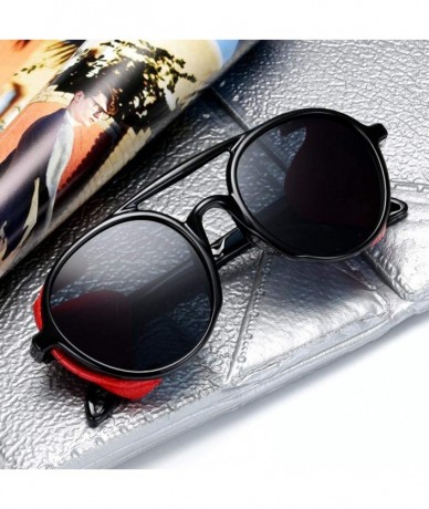 Aviator Vintage Steampunk Sunglasses Men Women Leather With Side Shields Black Grey - Black Grey - CU193WCEMUD $18.70