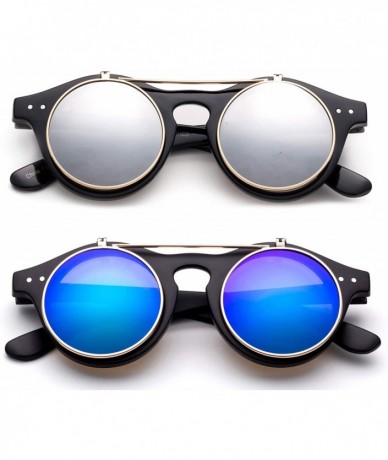 Round Classic Small Retro Steampunk Circle Flip Up Glasses/Sunglasses Cool Retro New Model - 2 Pack Mirror & Blue - CA184WDUS...