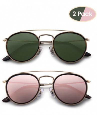 Rimless Small Polarized Round Sunglasses for Women Vintage Double Bridge Frame - 2 Pack Polarized Green & Polarized Pink - CU...