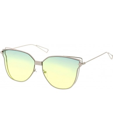 Cat Eye Oversize Slim Wire Arms Colored Mirror Flat Lens Cat Eye Sunglasses 59mm - Silver / Green Yellow - CR1822EEHIT $22.60