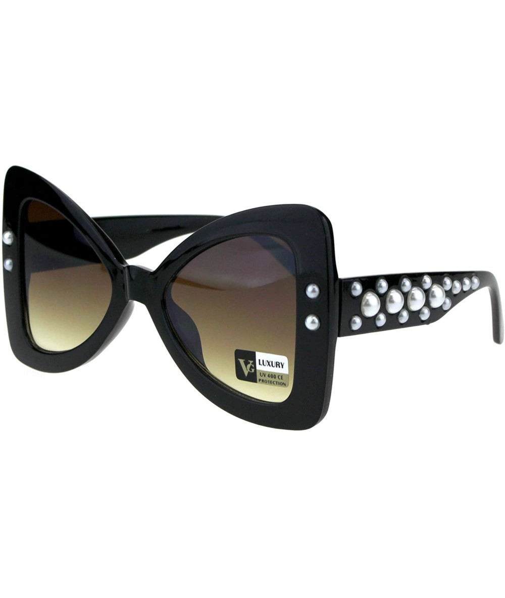 Oversized Womens Pearl Jewel Thick Plastic Butterfly Designer Fashion Sunglasses - Black Brown Smoke - C518GLXC2GQ $22.24