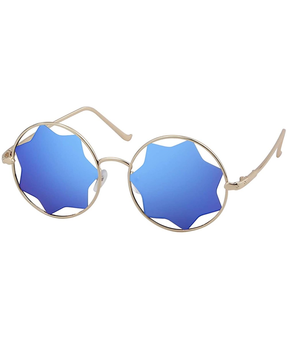 Cat Eye Round Sunglasses Trendy Unisex Glasses Star Mirrored Lens Circle Sunglasses - Gold Frame Blue Mirrored Lens - CU188WM...