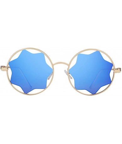 Cat Eye Round Sunglasses Trendy Unisex Glasses Star Mirrored Lens Circle Sunglasses - Gold Frame Blue Mirrored Lens - CU188WM...