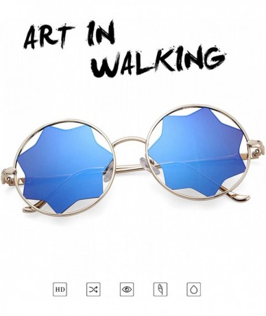 Cat Eye Round Sunglasses Trendy Unisex Glasses Star Mirrored Lens Circle Sunglasses - Gold Frame Blue Mirrored Lens - CU188WM...