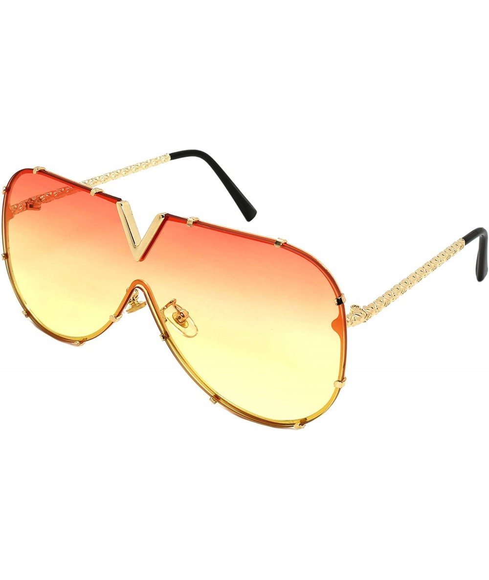 Aviator V Top Metal Aviator Fashion Sunglasses Tinted One Piece Flat Lens EC55695 - Gold Frame/Orange-yellow Lens - CA180N9W9...