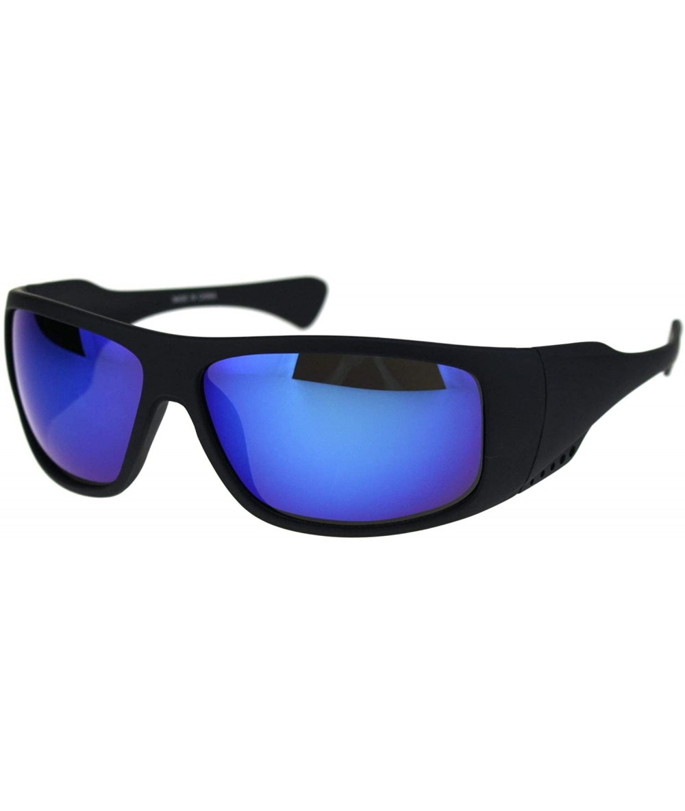 Rectangular Mens Futuristic Robotic 90s Warp Around Biker Sport Sunglasses - Matte Black Blue Mirror - C318QR47Y4K $20.01