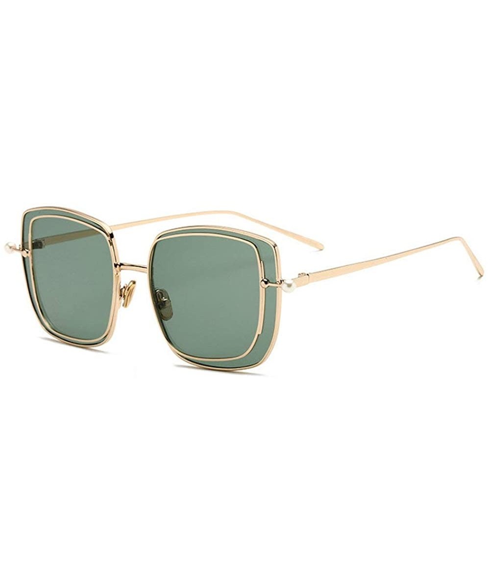 Square 2019 New Two-color lens sunglasses Brand Designer female double Frame Square men's pearls Glasses - Green - C918WQTOA3...