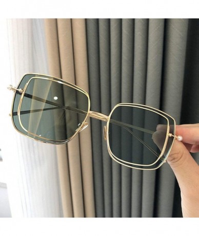 Square 2019 New Two-color lens sunglasses Brand Designer female double Frame Square men's pearls Glasses - Green - C918WQTOA3...