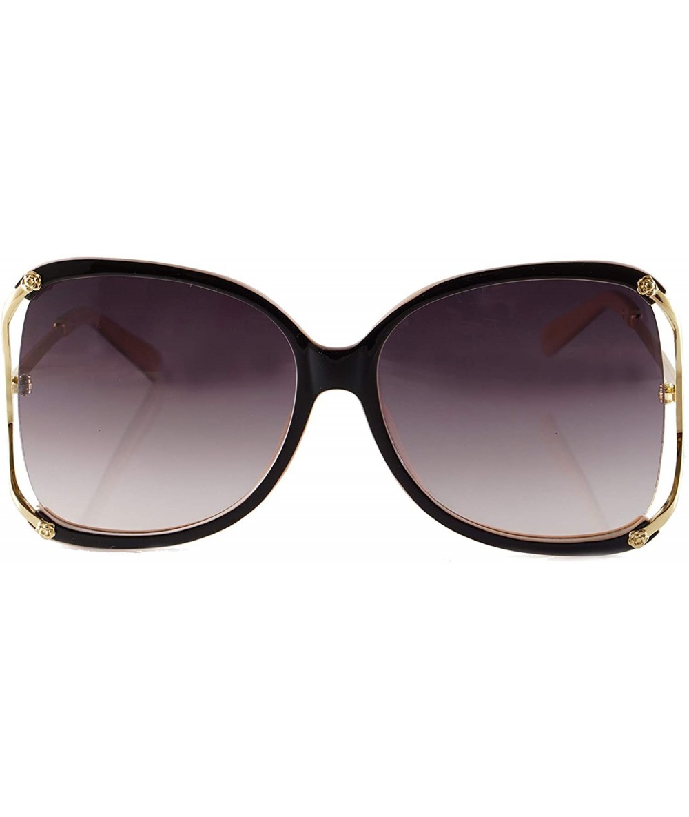 Butterfly Oversize Exposed Lens Rose Deco Metal Temple Butterfly Sunglasses A255 - Black Pink Beige/ Black - CZ18O3MA4O8 $25.38