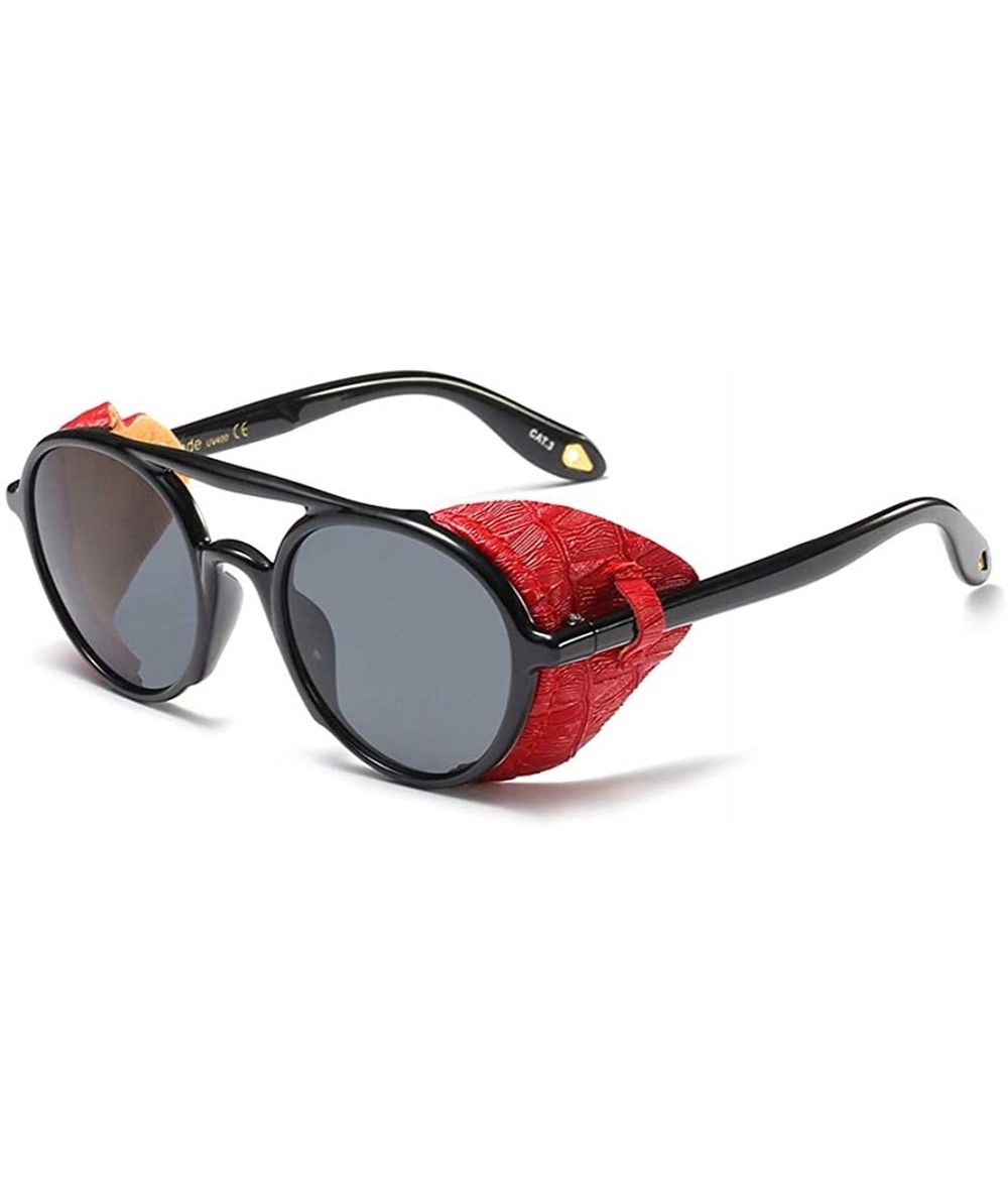 Shield Men Sunglasses with Side Shields Leather Round Sun Glasses for Women Retro UV400 - Red Black - CF18OA44XCX $25.44