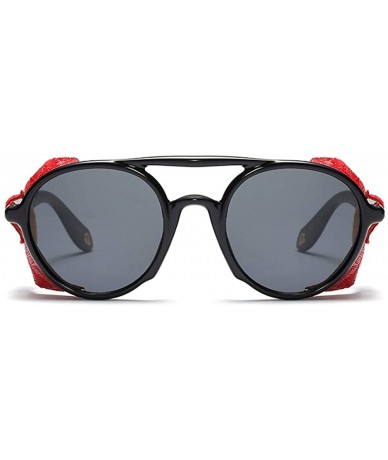 Shield Men Sunglasses with Side Shields Leather Round Sun Glasses for Women Retro UV400 - Red Black - CF18OA44XCX $25.44