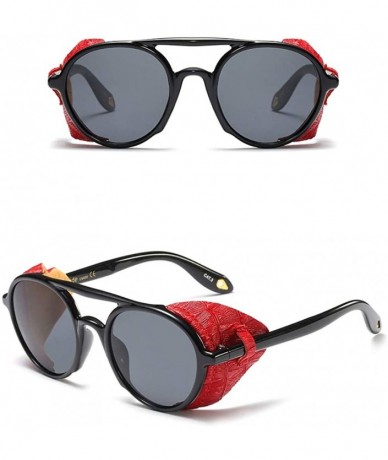 Shield Men Sunglasses with Side Shields Leather Round Sun Glasses for Women Retro UV400 - Red Black - CF18OA44XCX $25.44