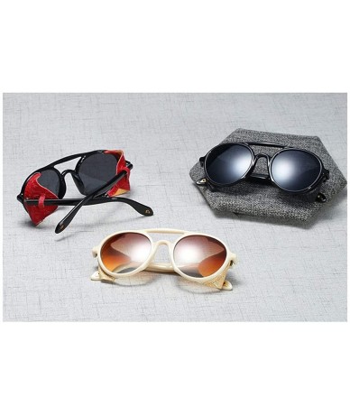 Shield Men Sunglasses with Side Shields Leather Round Sun Glasses for Women Retro UV400 - Red Black - CF18OA44XCX $25.44