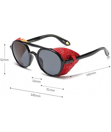 Shield Men Sunglasses with Side Shields Leather Round Sun Glasses for Women Retro UV400 - Red Black - CF18OA44XCX $25.44