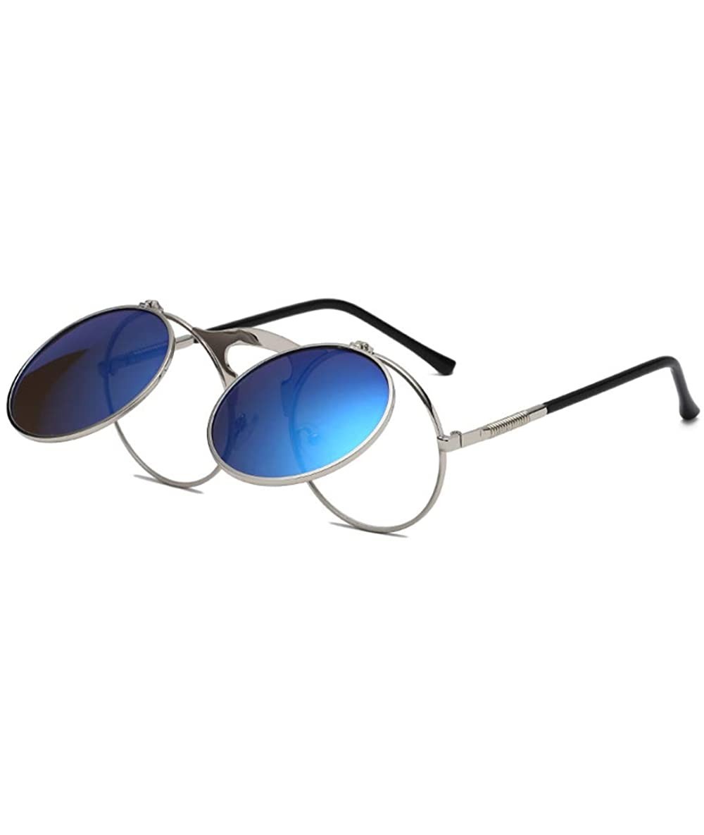 Goggle Retro Steampunk Goggles Glasses - Unisex Metal Frame Flip Up Round Sunglasses - Silver Frame Blue Lens - CS18XGNHNHN $...