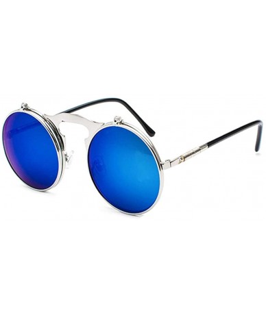 Goggle Retro Steampunk Goggles Glasses - Unisex Metal Frame Flip Up Round Sunglasses - Silver Frame Blue Lens - CS18XGNHNHN $...