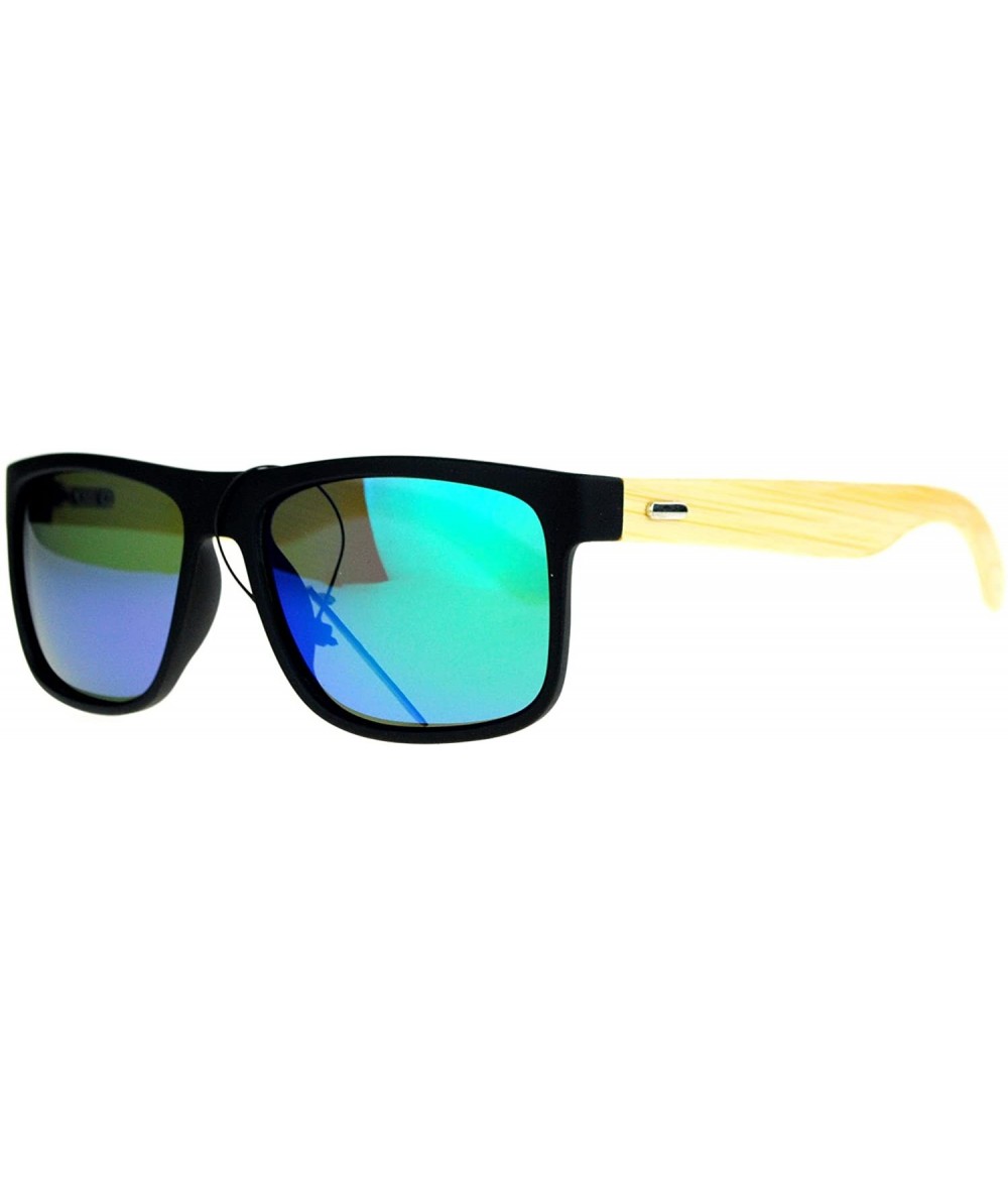 Rectangular Real Bamboo Temple Polarized Sunglasses Classic Square Rectangle Frame - Black (Green Mirror) - CO189LKI4KU $25.03