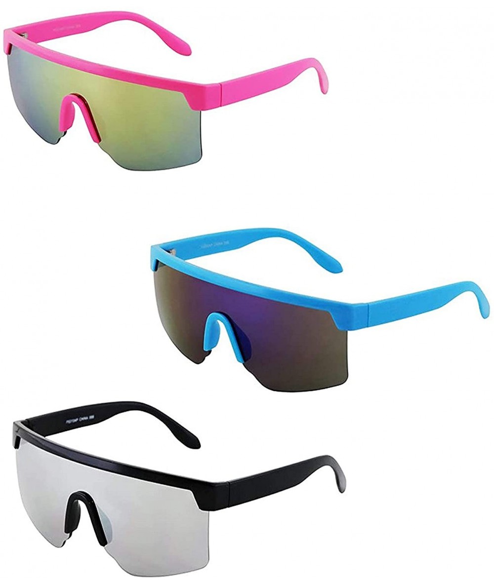 Goggle Oversized Semi Rimless Neon Rainbow Mirrored Lens UV Protection Shield Lens Retro Flat Top Sunglasses - C8197KC89DT $4...