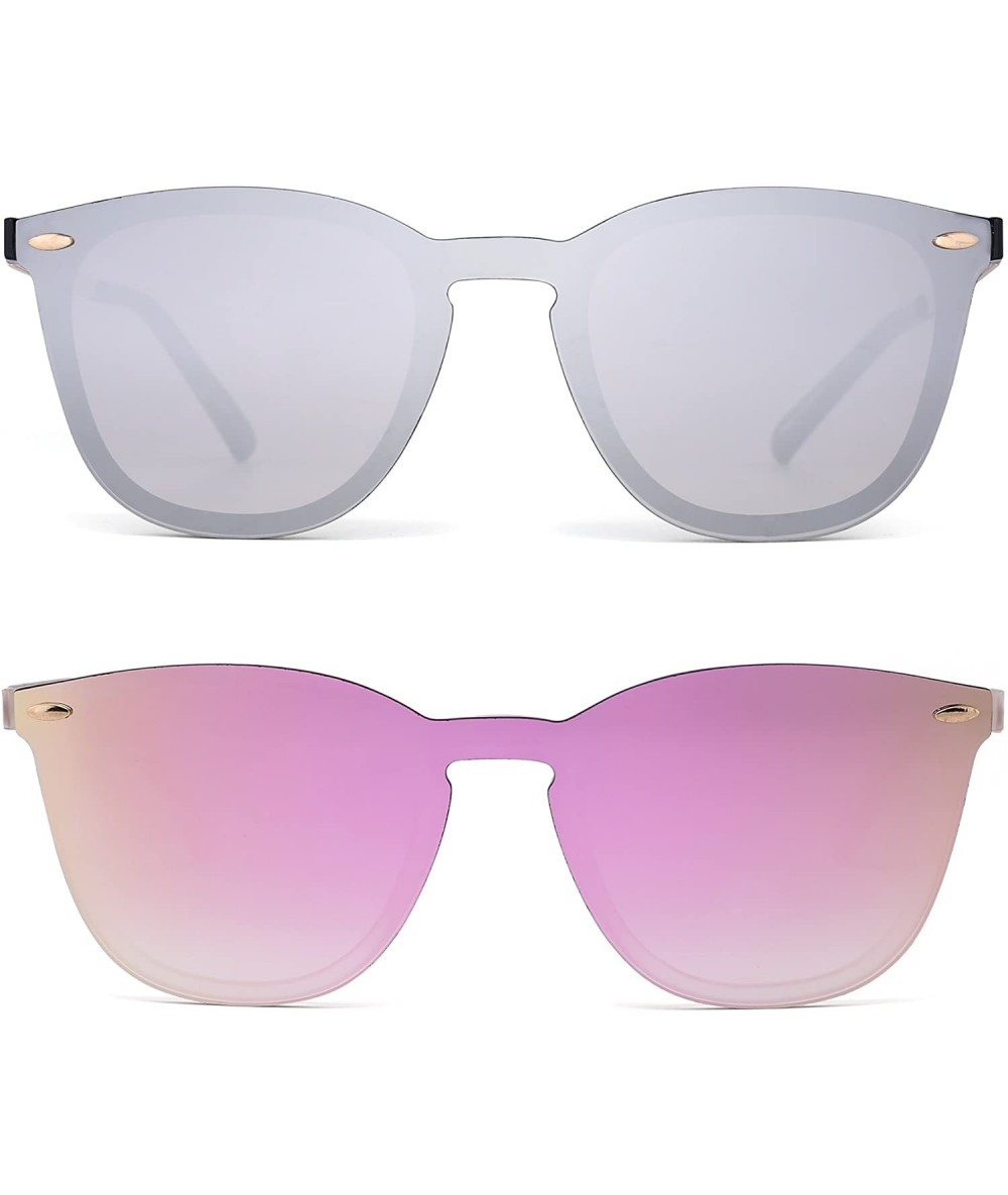 Wayfarer Trendy Rimless Sunglasses Mirror Reflective Sun Glasses for Women Men - 2 Pack (Silver + Pink) - CX189NAUUYZ $51.43