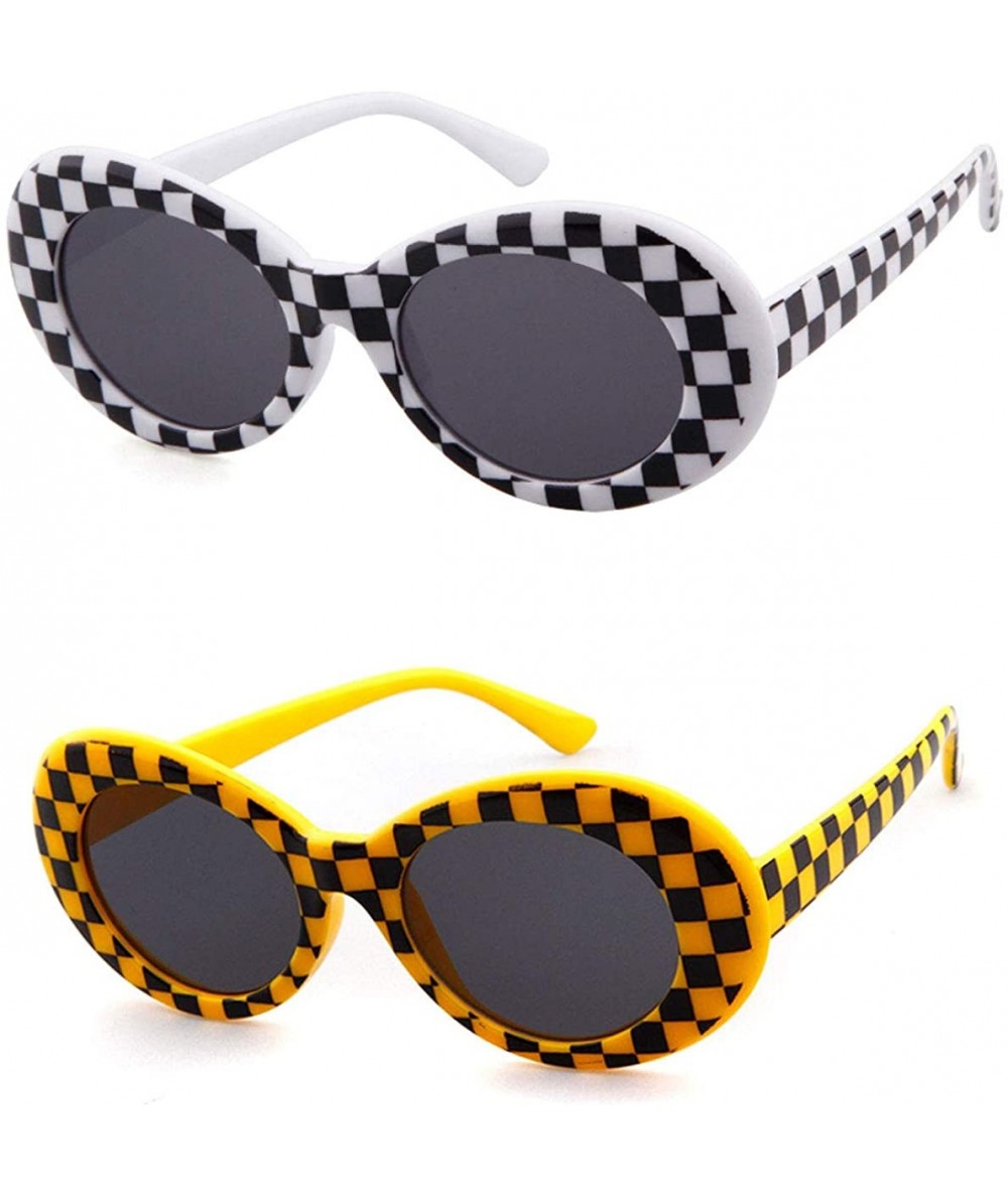 Sport Clout Goggle Oval Sunglasses Round Lens Bold Retro Kurt Cobain Glasses - Double Checkered - CT189NGEOCG $19.37