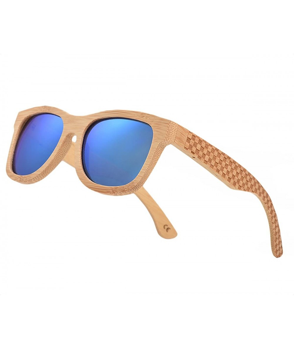 Wayfarer Bamboo Wood Polarized Sunglasses For Men & Women -Temple Carved Collection - Ta01-bamboo Frame Blue Lens - CC188R6GI...