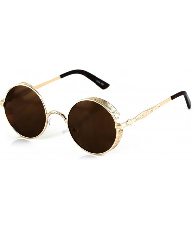 Oval Gothic Steampunk Sunglasses Women Men Round Lens Metal Frame Side Shield - Gold - Brown - CH11HW7R05T $19.49