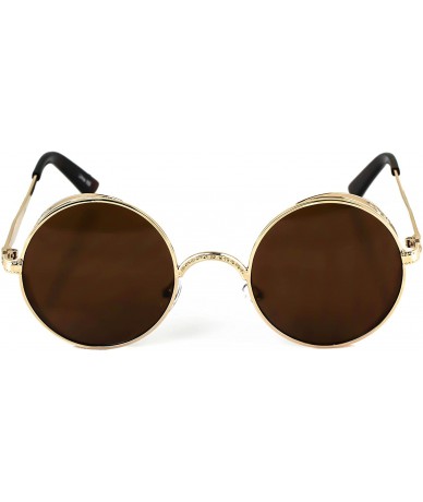 Oval Gothic Steampunk Sunglasses Women Men Round Lens Metal Frame Side Shield - Gold - Brown - CH11HW7R05T $19.49