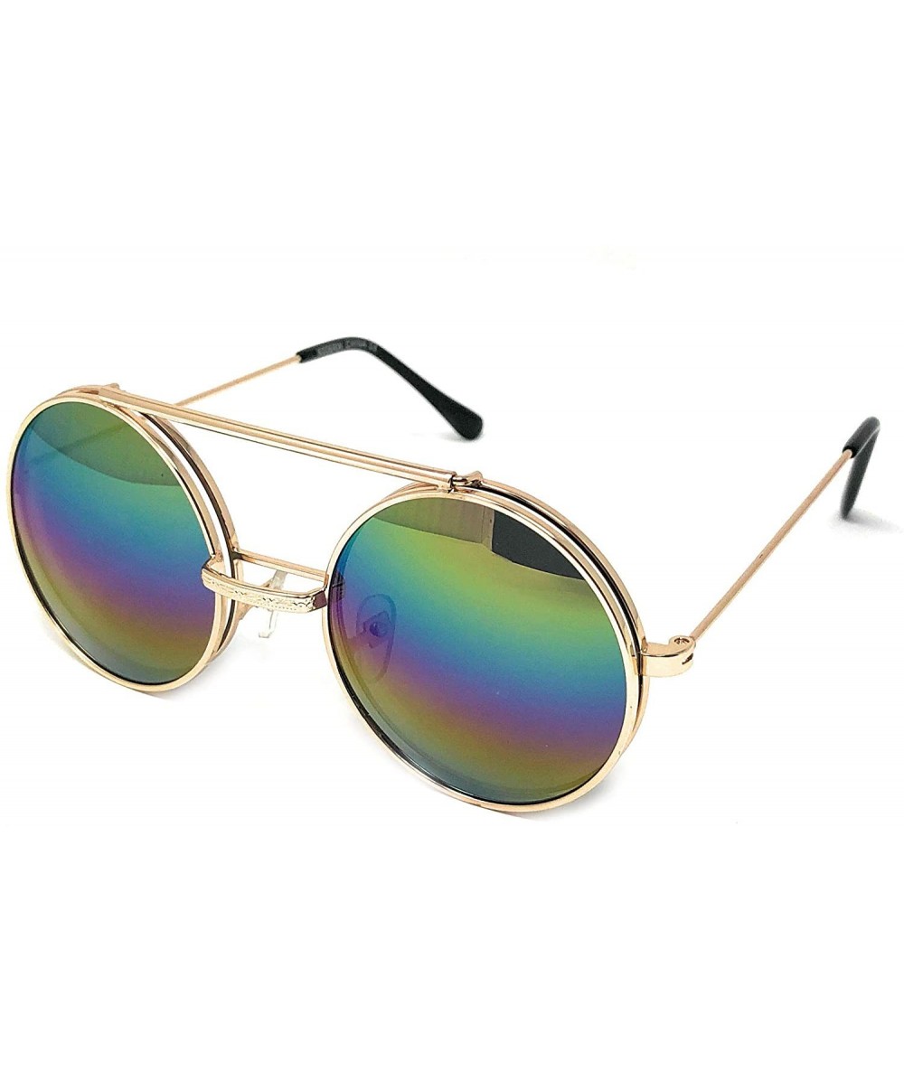 Round Flip Up Steampunk Metal Django Sunglasses - Gold- Rainbow Spectrum - C518NI7GQWA $22.38