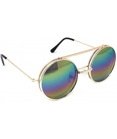 Round Flip Up Steampunk Metal Django Sunglasses - Gold- Rainbow Spectrum - C518NI7GQWA $22.38