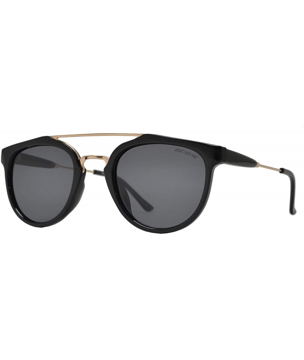 Oversized Retro Vintage Round Flat Lens Horn Rimmed Sunglasses with Metal Brow Bar - Black Gold + Polarized Grey - CL18I6377N...