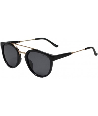 Oversized Retro Vintage Round Flat Lens Horn Rimmed Sunglasses with Metal Brow Bar - Black Gold + Polarized Grey - CL18I6377N...