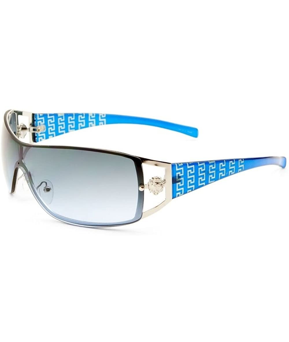 Oversized Lion Head Medallion Greek Key Wrap Around One Piece Sunglasses - Blue & Silver - CP182INWXZN $21.83