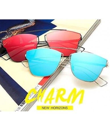 Cat Eye Large Retro VINTAGE Cat Eye Aviator Fashion Oversized Women Sunglasses Flat Top - Gold Frame Blue - C718GD4W6M8 $28.82