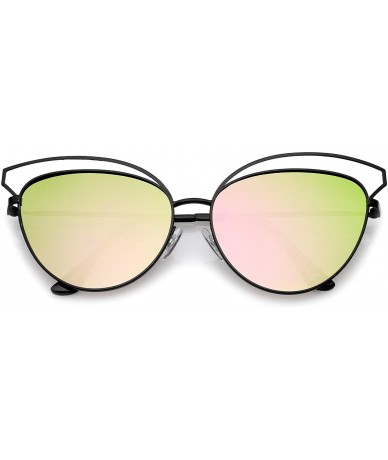 Cat Eye Women's Open Metal Frame Colored Mirror Oversize Cat Eye Sunglasses 58mm - Black / Pink-green Mirror - C312ODW8MM1 $1...