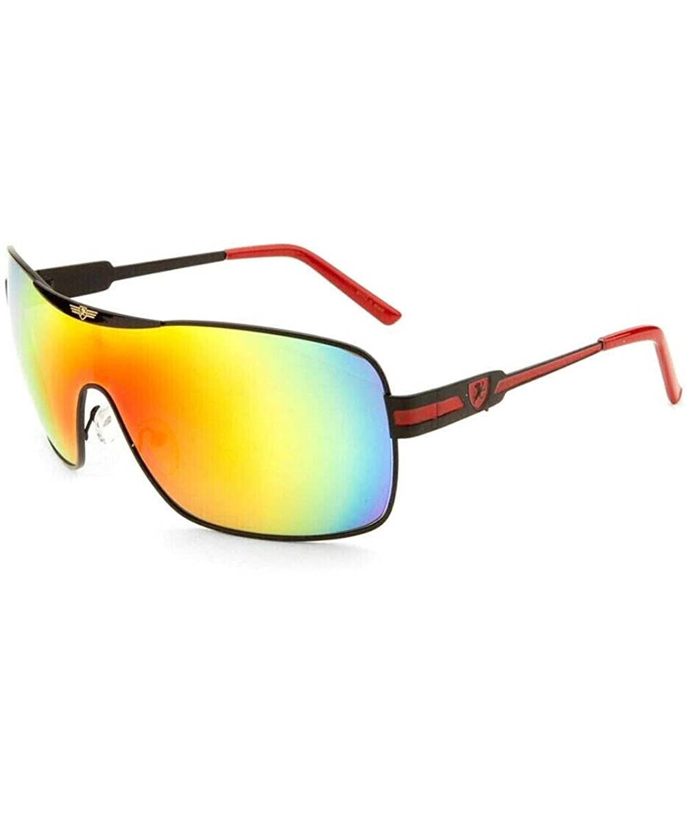 Shield Khan Wrap Around Shield Aviator One Piece Iridium Flash Lenses Sunglasses - Black & Red Frame - C418XE6IWHI $19.54