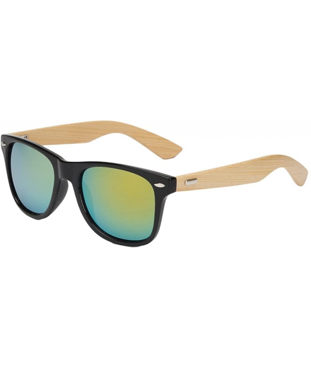 Wayfarer Unisex Wooden Bamboo Sunglasses Temples Classic Retro Designer 60mm - Black/Gold - CB12EMXXHVB $22.44