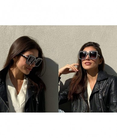 Rectangular Large Jeweled Sunglasses for Women Crystal Bling Studded Oversized Square Frame - Black - CY18CDD8H40 $26.29